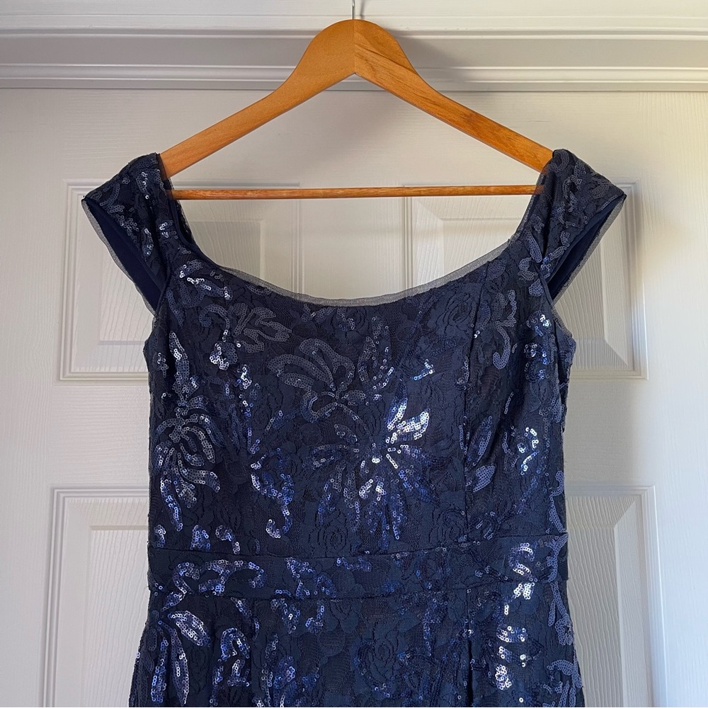 Xscape Off The Shoulder Navy Sequin Gown
